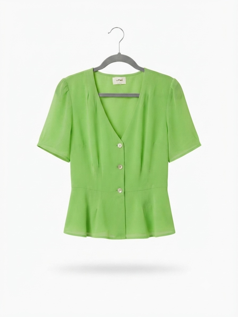 Wilfred Aritzia Green V-Neck Short Sleeve Button Down Peplum Blouse Sz S
